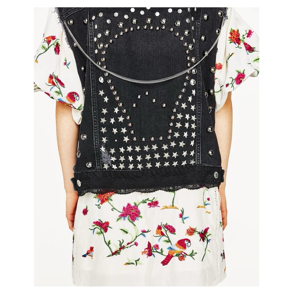 Zara Woman Studded Skull Star Chain Embellished Punk Rock Biker Style Denim Vest